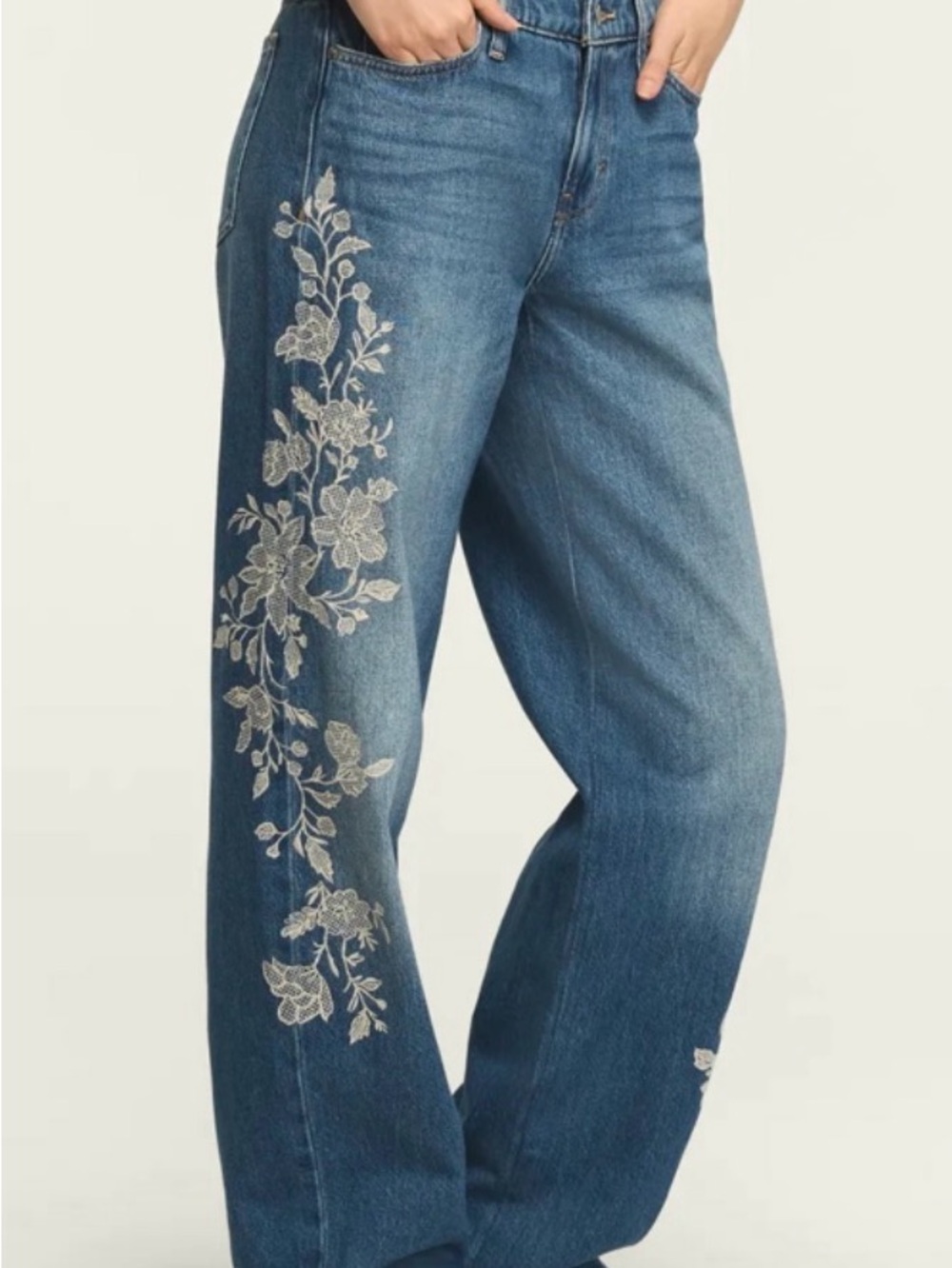 Lucky Brand Blue Wide-Leg Jeans with Cream Floral Embroidery